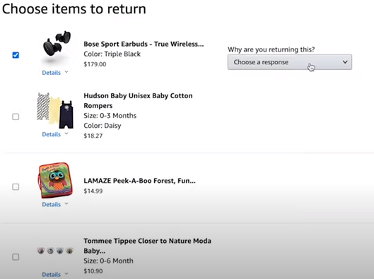 Choose the item to be returned