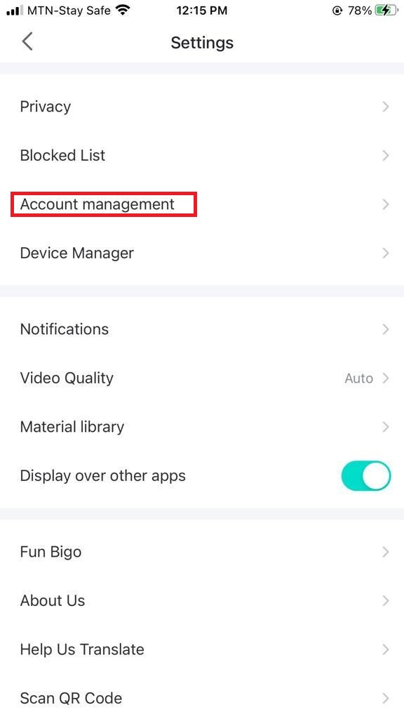 Search for the Account Management option and click it.