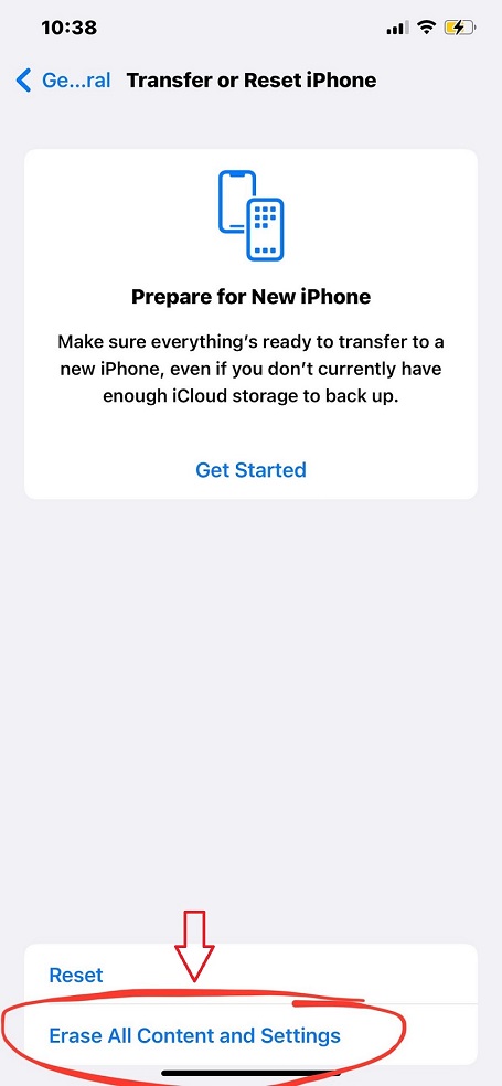 Choose Erase All Contents and Settings