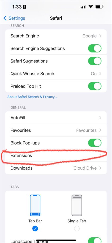 Select Extensions from the list to  Activate an Ad Blocker on Your iPhone