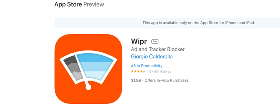 Wipr ad blockers on iOS device