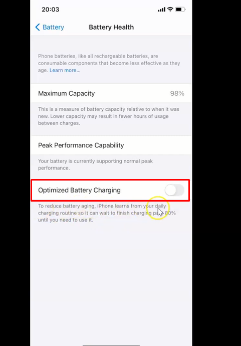 Toggle between enabling or disabling Optimized Battery Charging. 