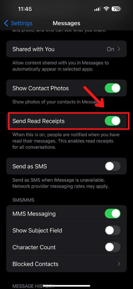 Next, select "Send read receipts