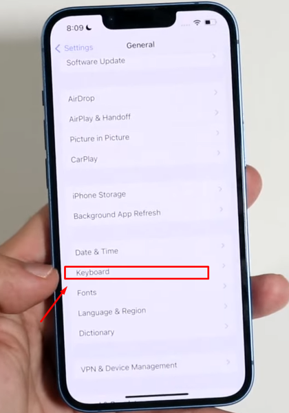 Go to your iPhone’s general settings first. From there, tap on the “keyboard” menu