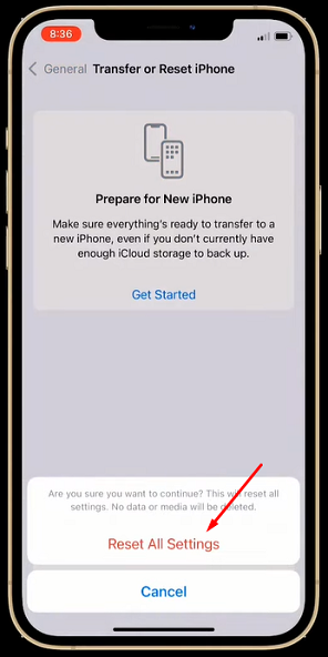 Reset All Settings” to confirm the reset