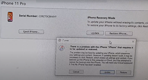 iTunes will show a message telling you your iPhone 11 has entered Recovery Mode.


