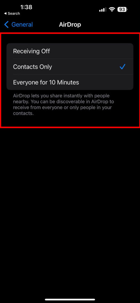 AirDrop by clicking on Contacts Only