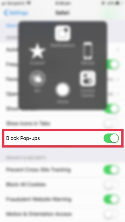 Tap and turn on Block Pop-ups