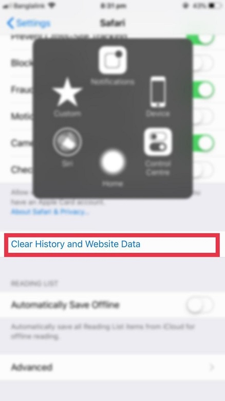 Clear History and Website Data