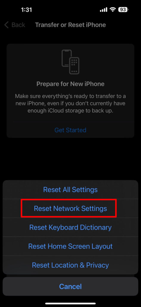 Reset Network Setting