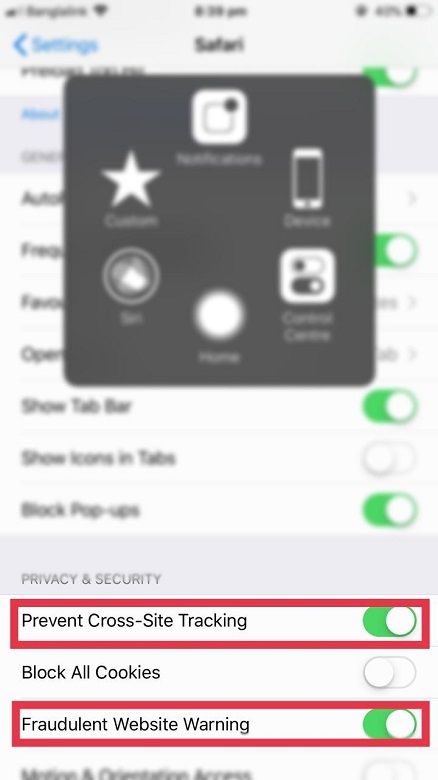 Turn on The Safari Security Setting