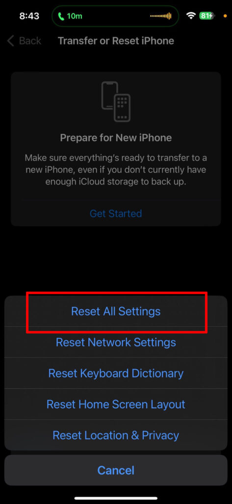 choose Reset All Settings