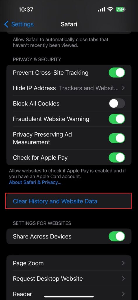 Clear History and Website Data