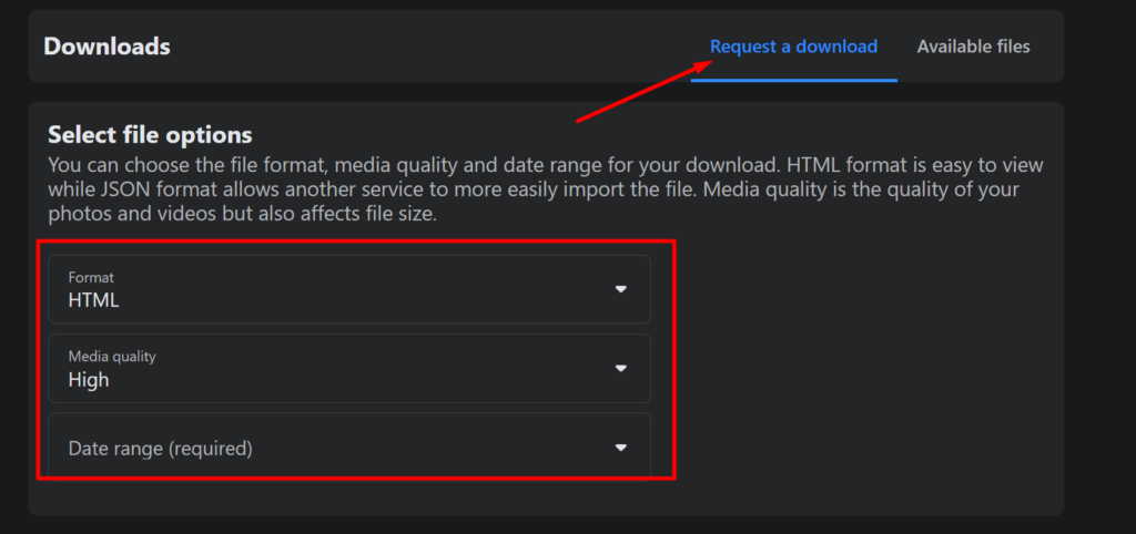 scroll down to set the date range HTML file format and quality of the restored messages