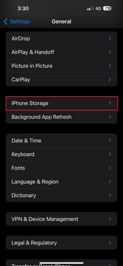 Click on iPhone Storage