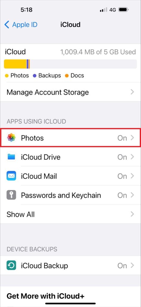 Tap on “iCloud” and select “Photos