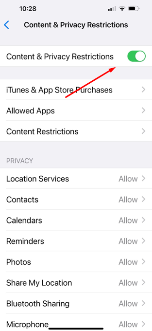 Make sure the Content & Privacy Restrictions toggle is enabled