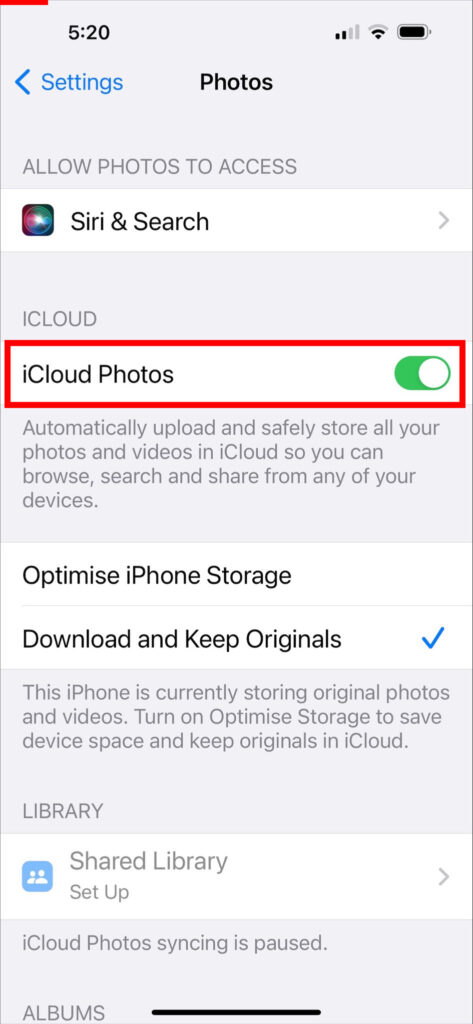 Tap on “iCloud” and select “Photos