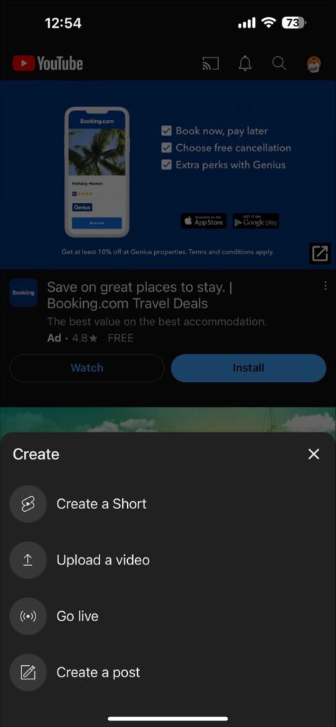 tap Create a Short or Upload a Video