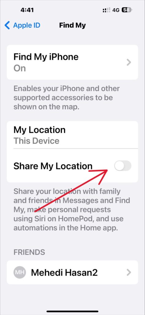 Sharing location in Find My is turned off