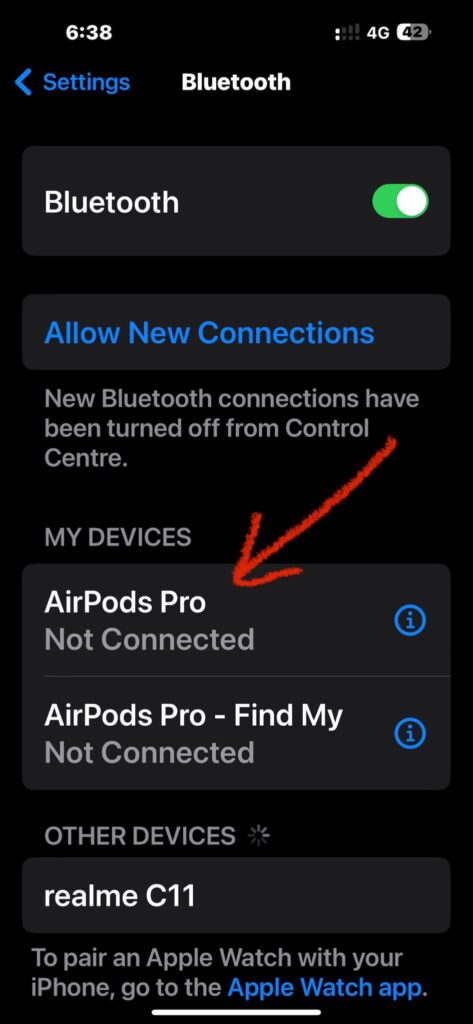 Tap on the Bluetooth option, then click the Info icon