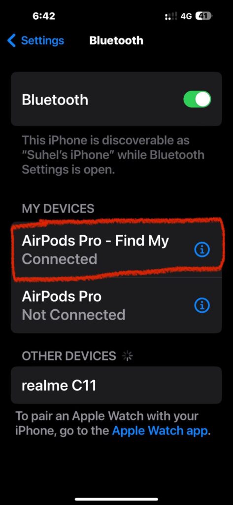 Tap the “i” icon next to your AirPods