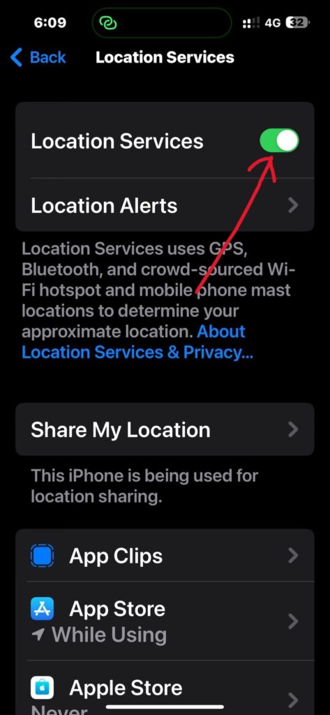 Toggle on the Location Services option